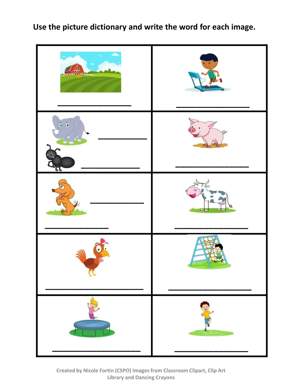 use the picture dictionary and write the word
