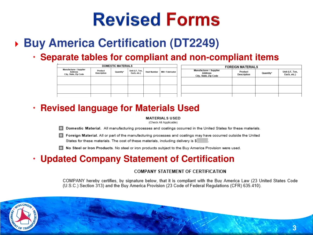 buy america certification dt2249 separate tables