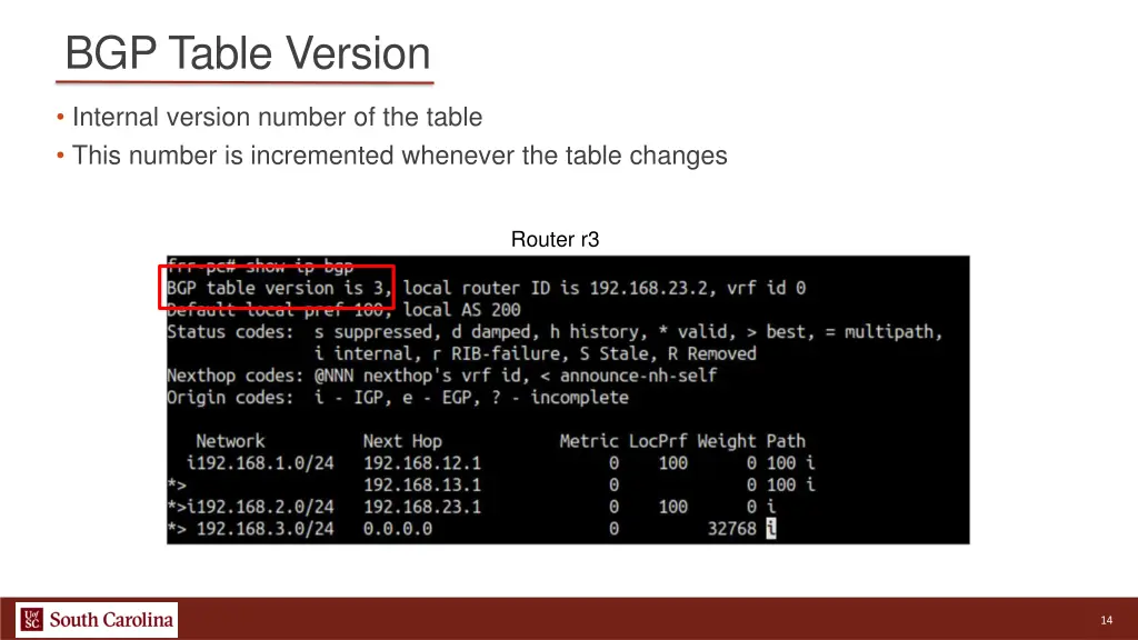 bgp table version