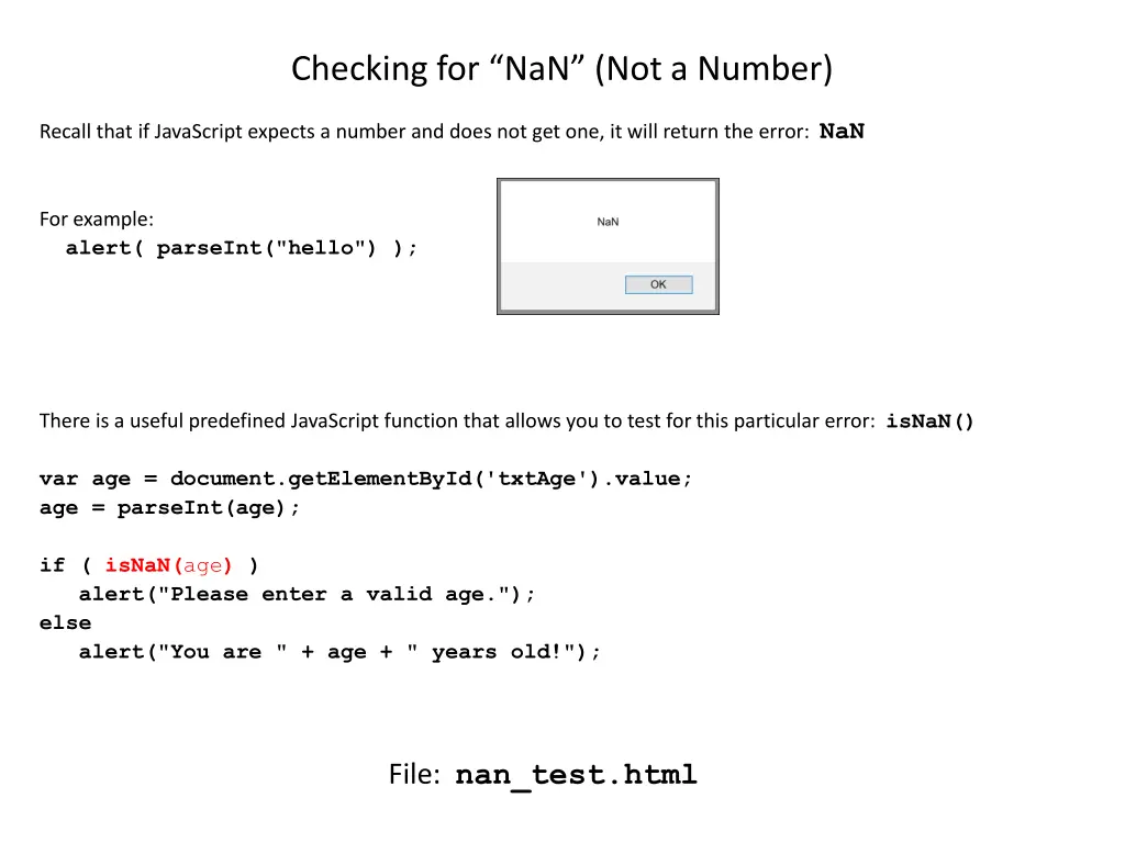 checking for nan not a number