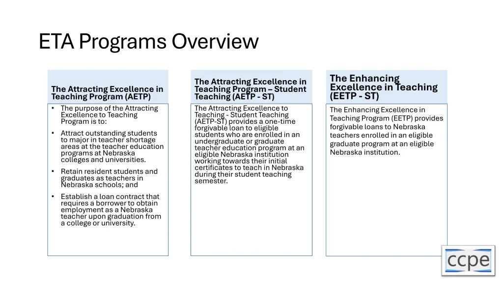 eta programs overview
