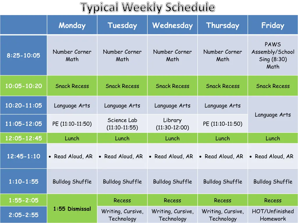 typical weekly schedule