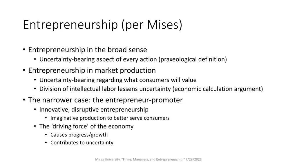 entrepreneurship per mises