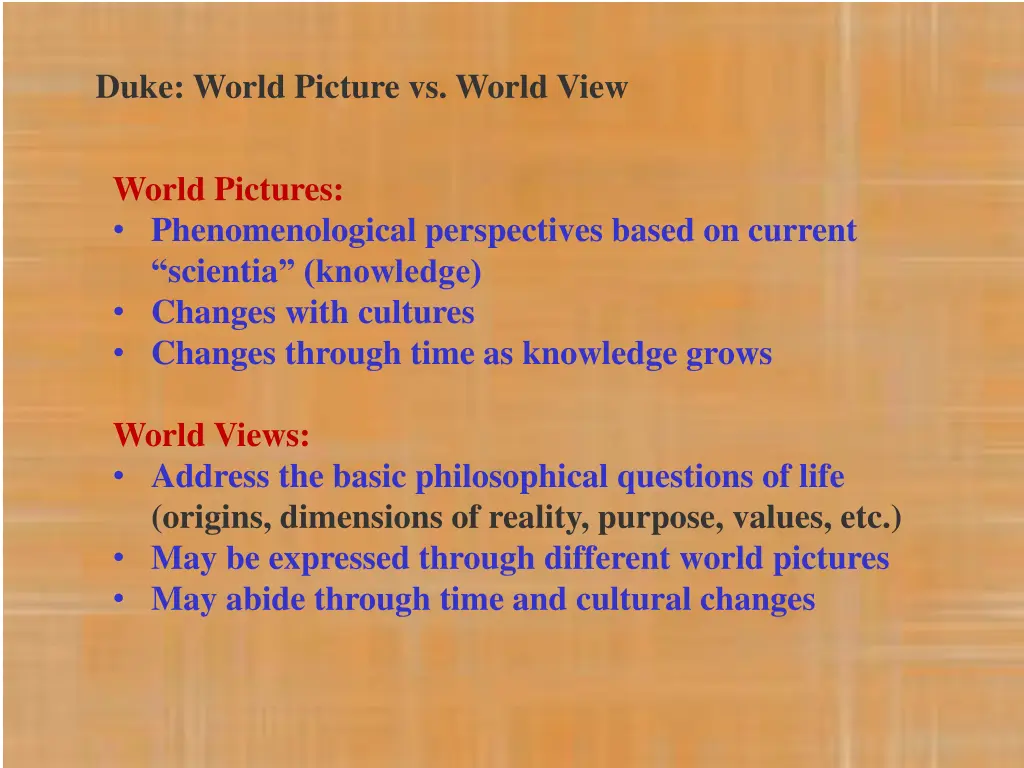 duke world picture vs world view