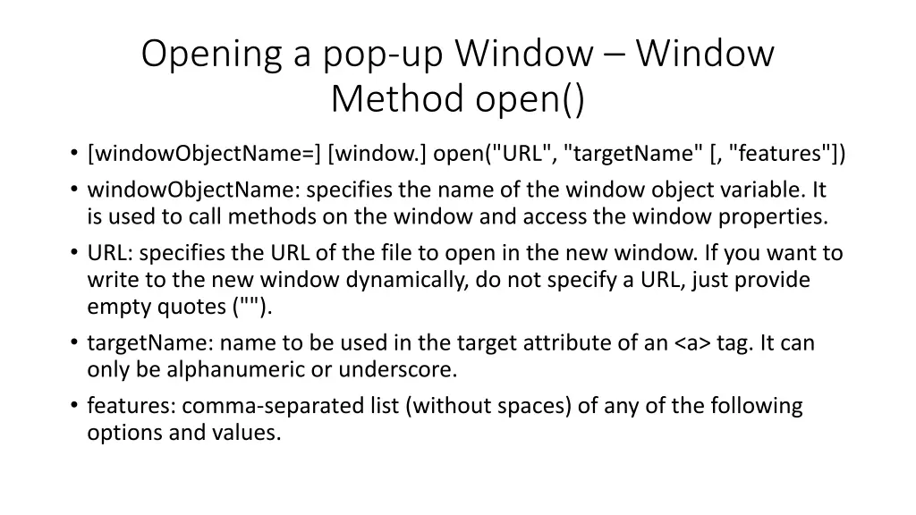 opening a pop up window window method open