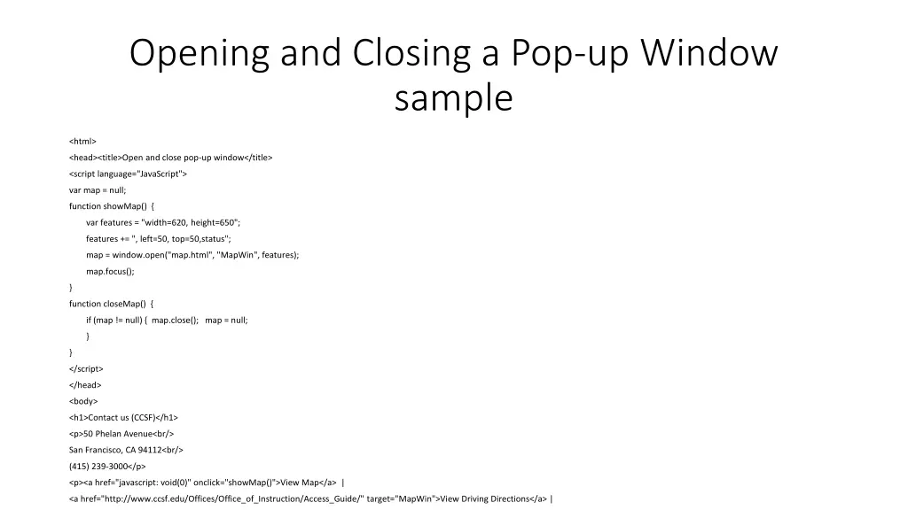 opening and closing a pop up window sample