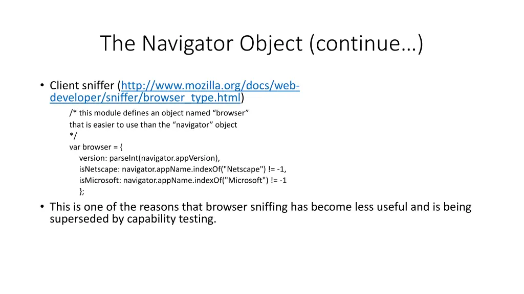 the navigator object continue