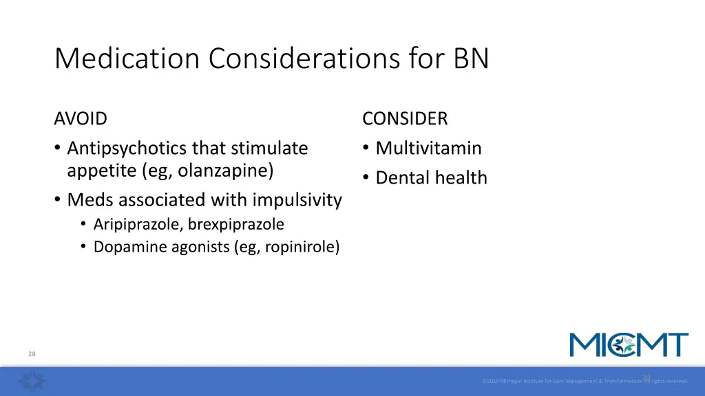 medication considerations for bn