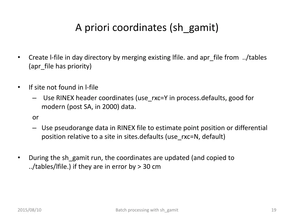 a priori coordinates sh gamit