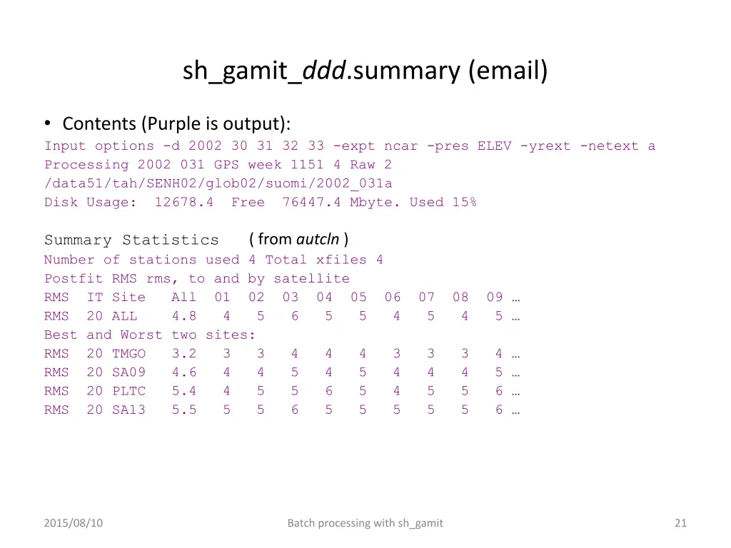 sh gamit ddd summary email