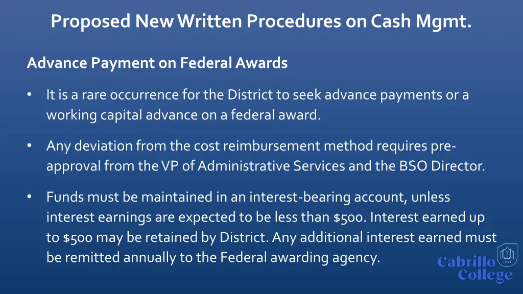 proposed new written procedures on cash mgmt 2