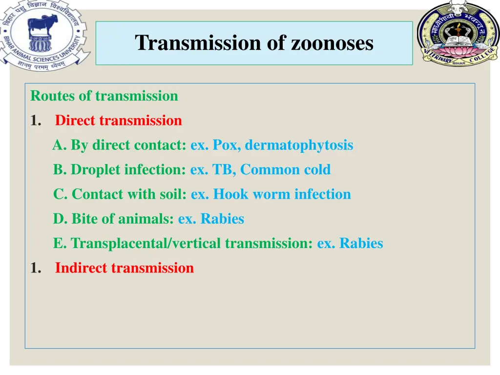 transmission of zoonoses