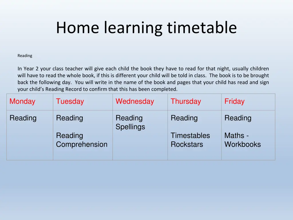 home learning timetable