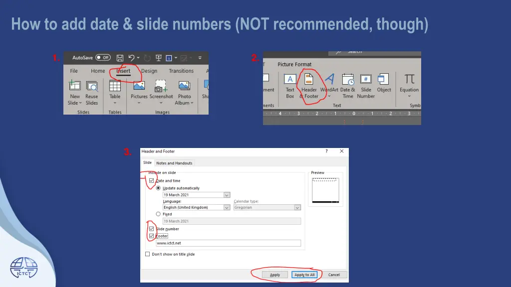 how to add date slide numbers not recommended