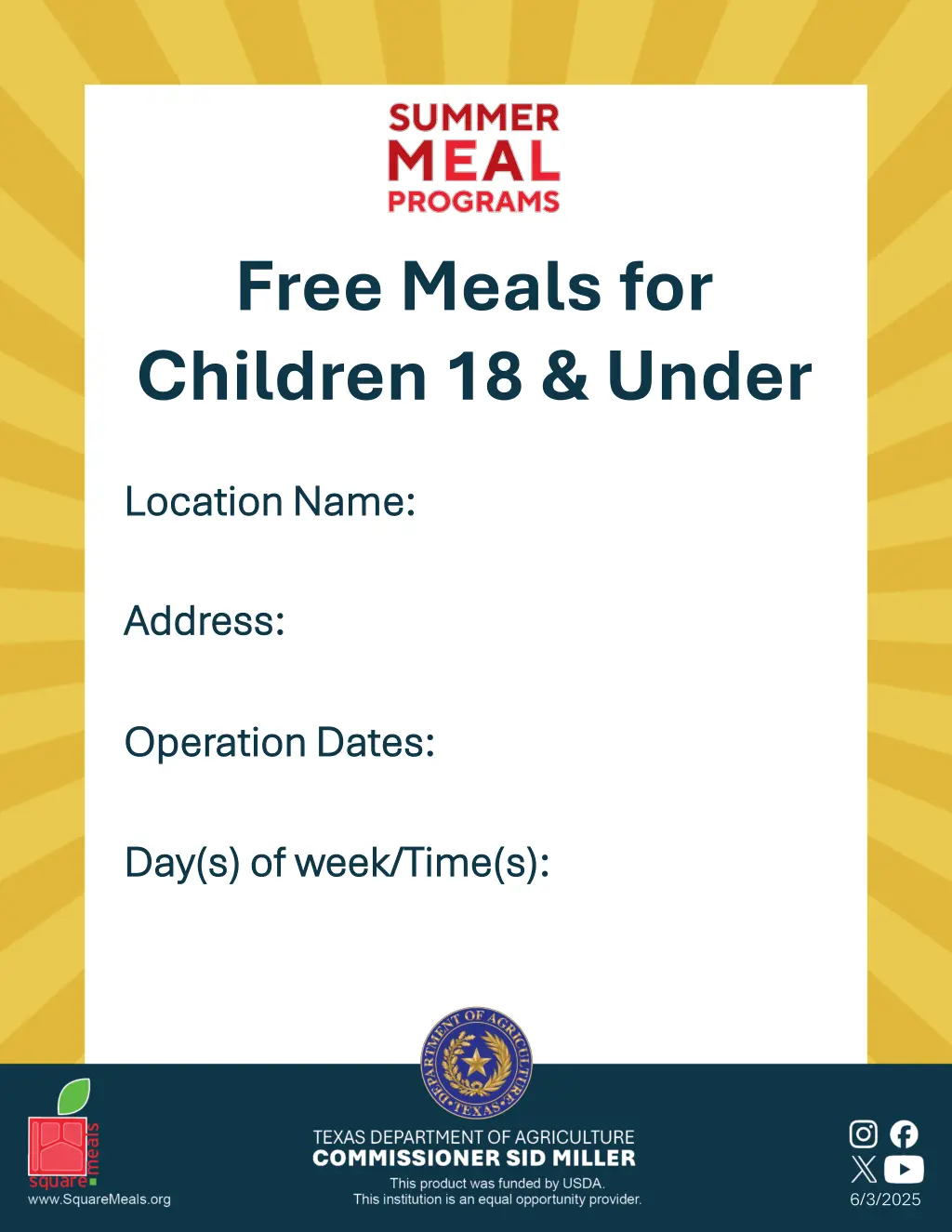 free meals for children 18 under