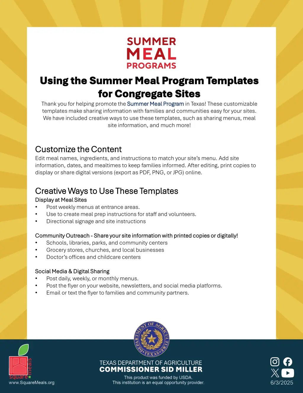 using the summer meal program templates using