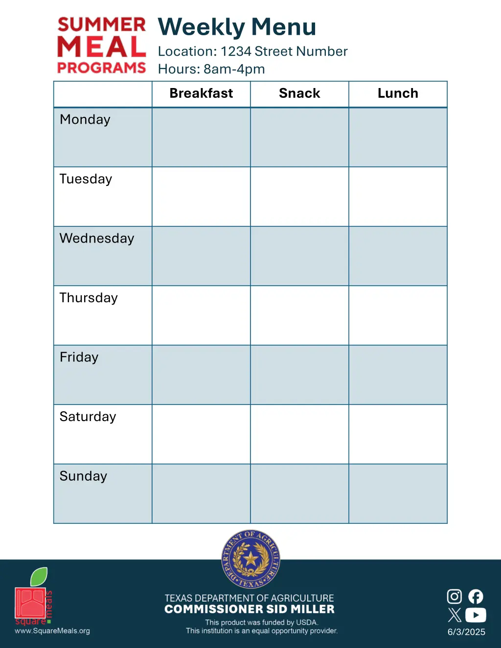 weekly menu location 1234 street number hours