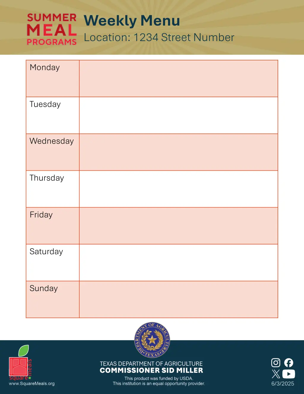 weekly menu location 1234 street number