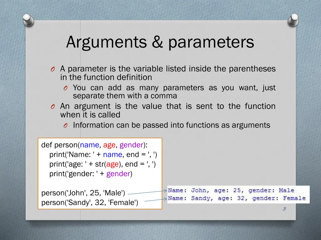 arguments parameters