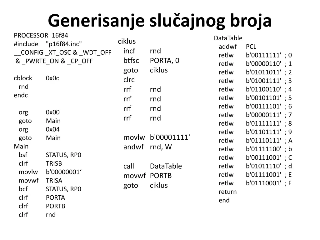 generisanje slu ajnog broja processor 16f84