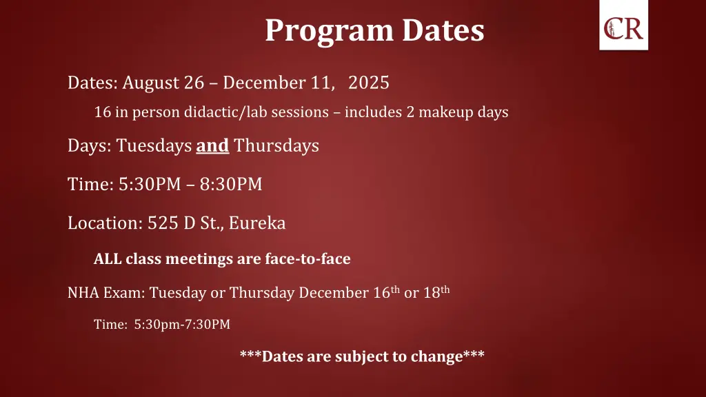 program dates