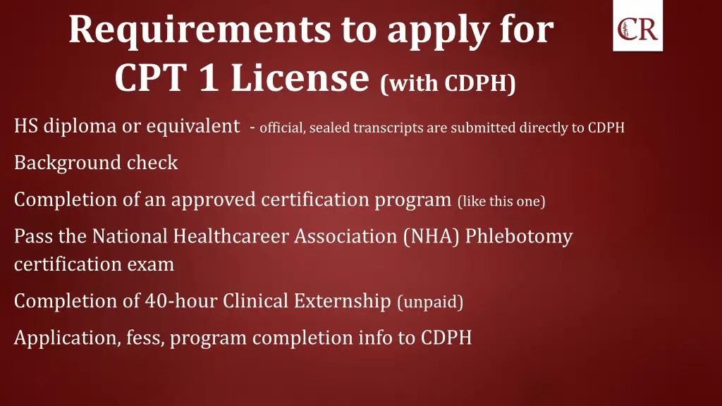 requirements to apply for cpt 1 license with cdph