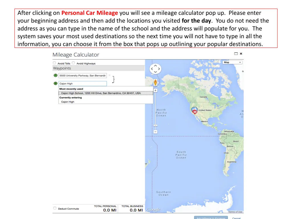 after clicking on personal car mileage you will