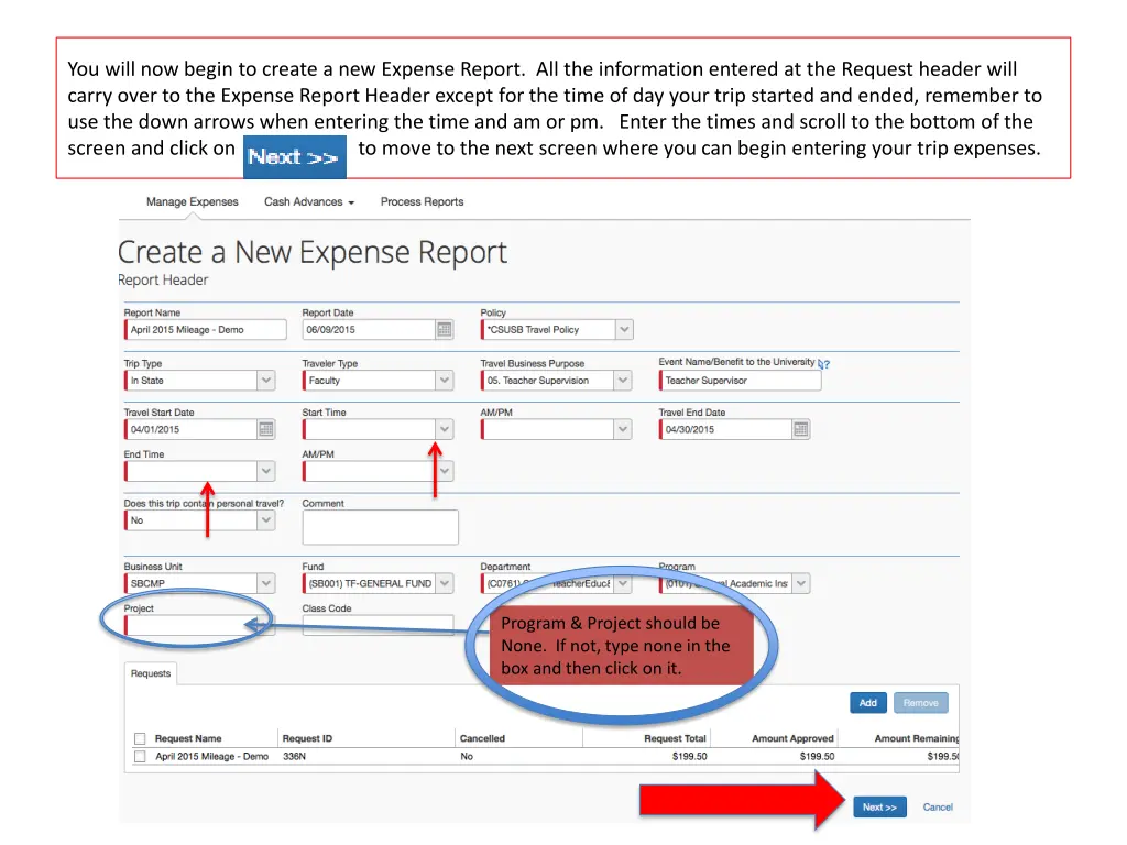 you will now begin to create a new expense report