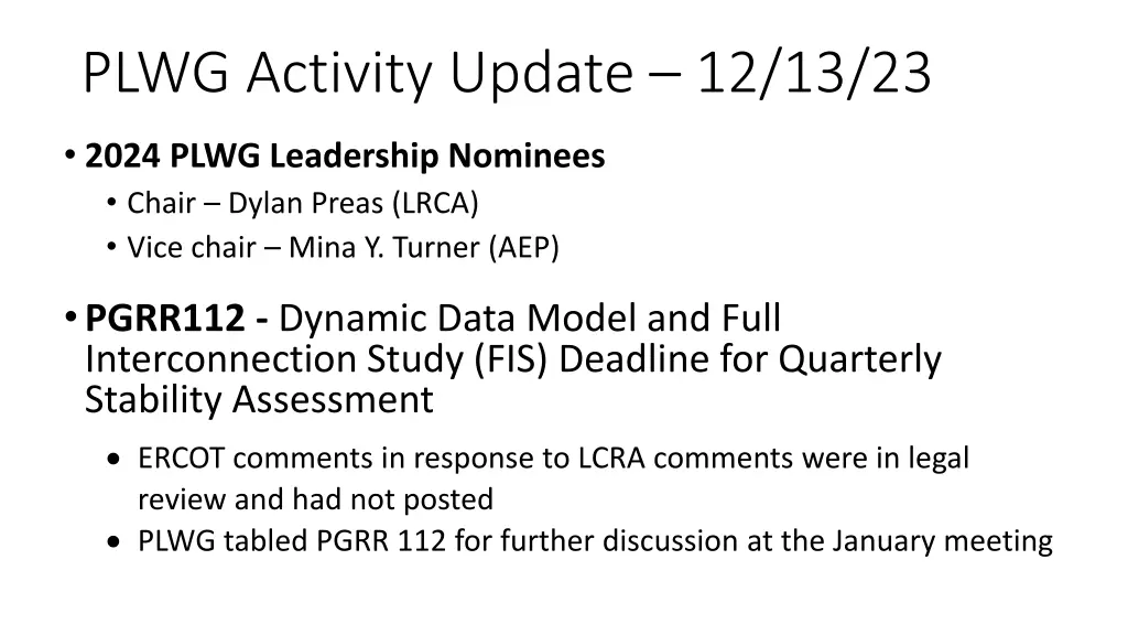 plwg activity update 12 13 23