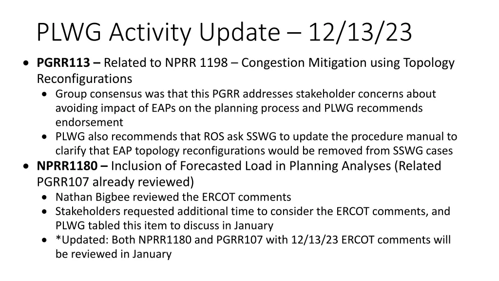 plwg activity update 12 13 23 pgrr113 related