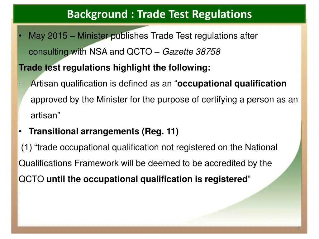 background trade test regulations