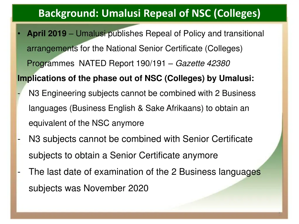 background umalusi repeal of nsc colleges