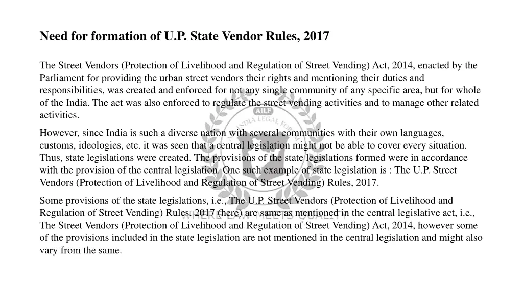 need for formation of u p state vendor rules 2017