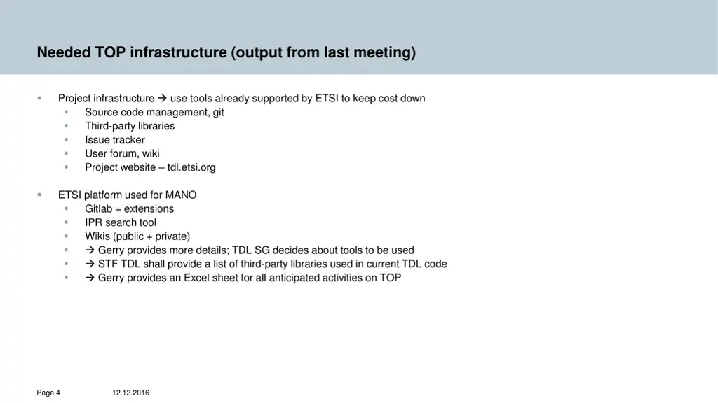 needed top infrastructure output from last meeting
