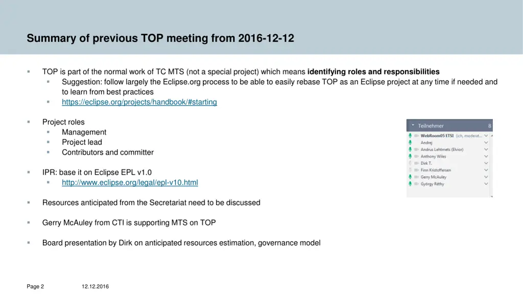 summary of previous top meeting from 2016 12 12