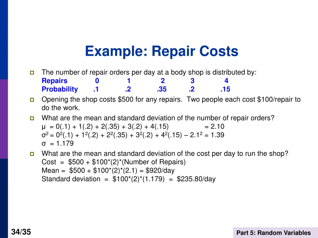 example repair costs