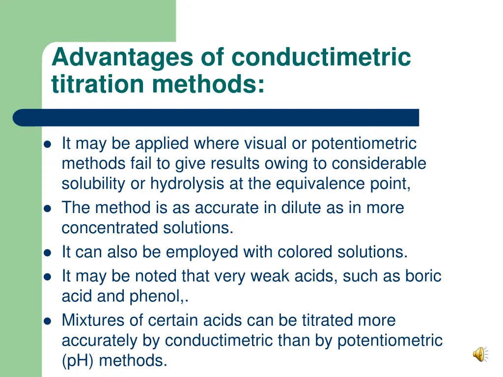 advantages of conductimetric titration methods