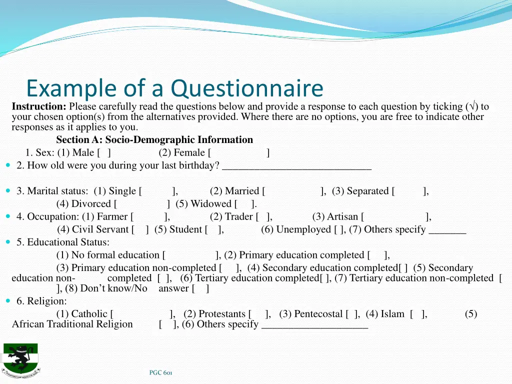 example of a questionnaire instruction please