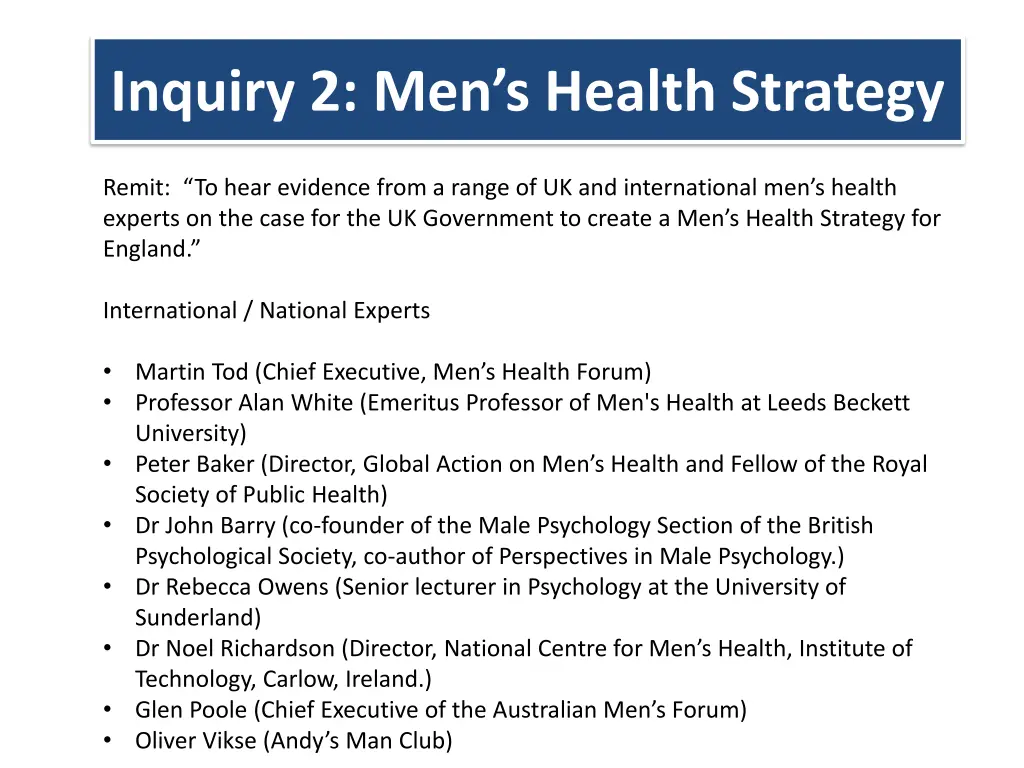 inquiry 2 men s health strategy