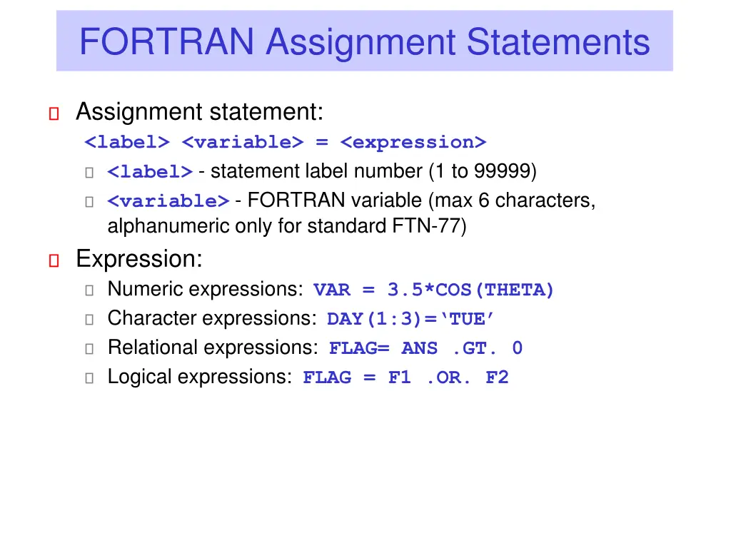 fortran assignment statements