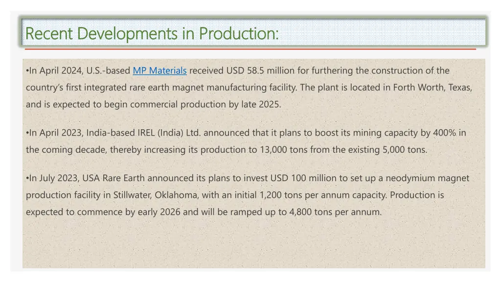 recent developments in production recent