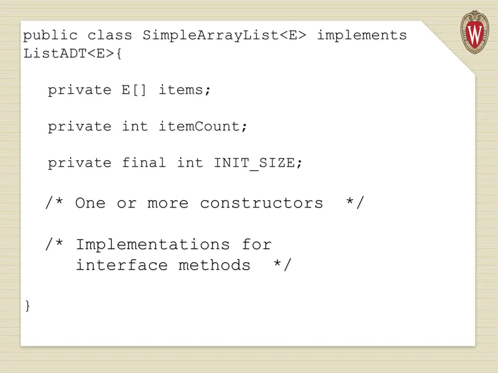 public class simplearraylist e implements listadt 1