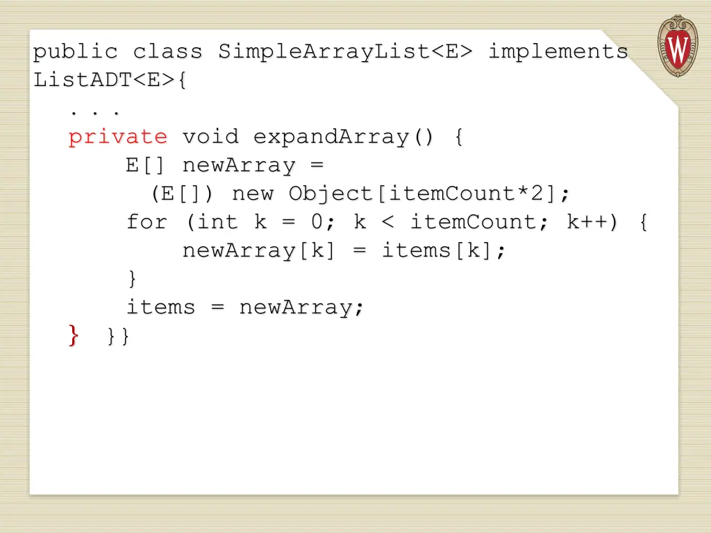 public class simplearraylist e implements listadt 6