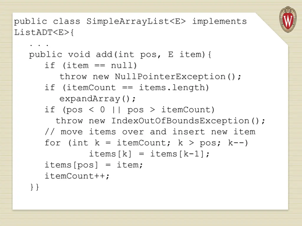 public class simplearraylist e implements listadt 8
