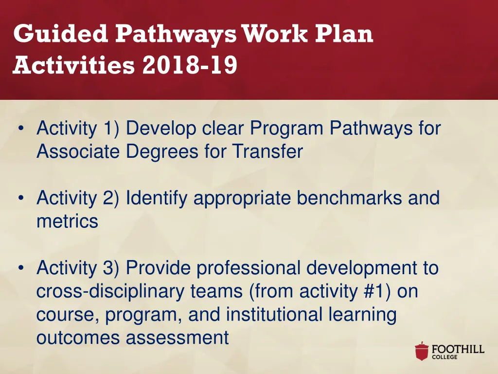guided pathways work plan activities 2018 19