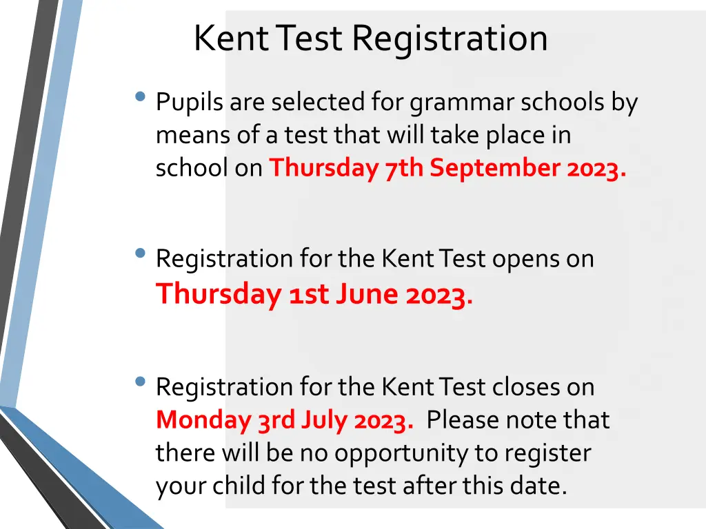 kent test registration pupils are selected