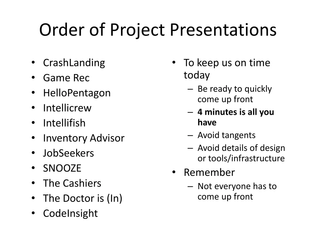 order of project presentations