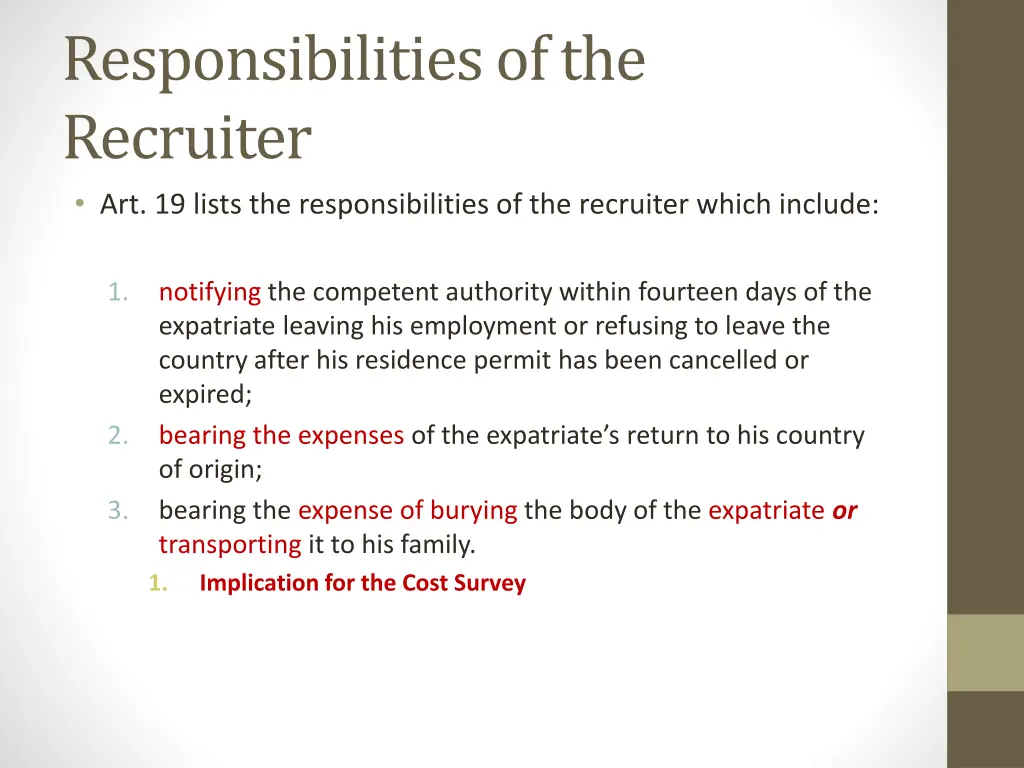 responsibilities of the recruiter art 19 lists