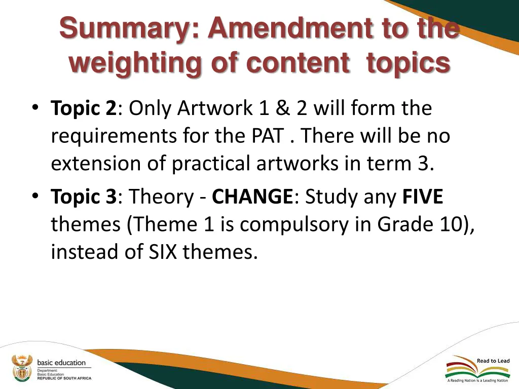 summary amendment to the weighting of content