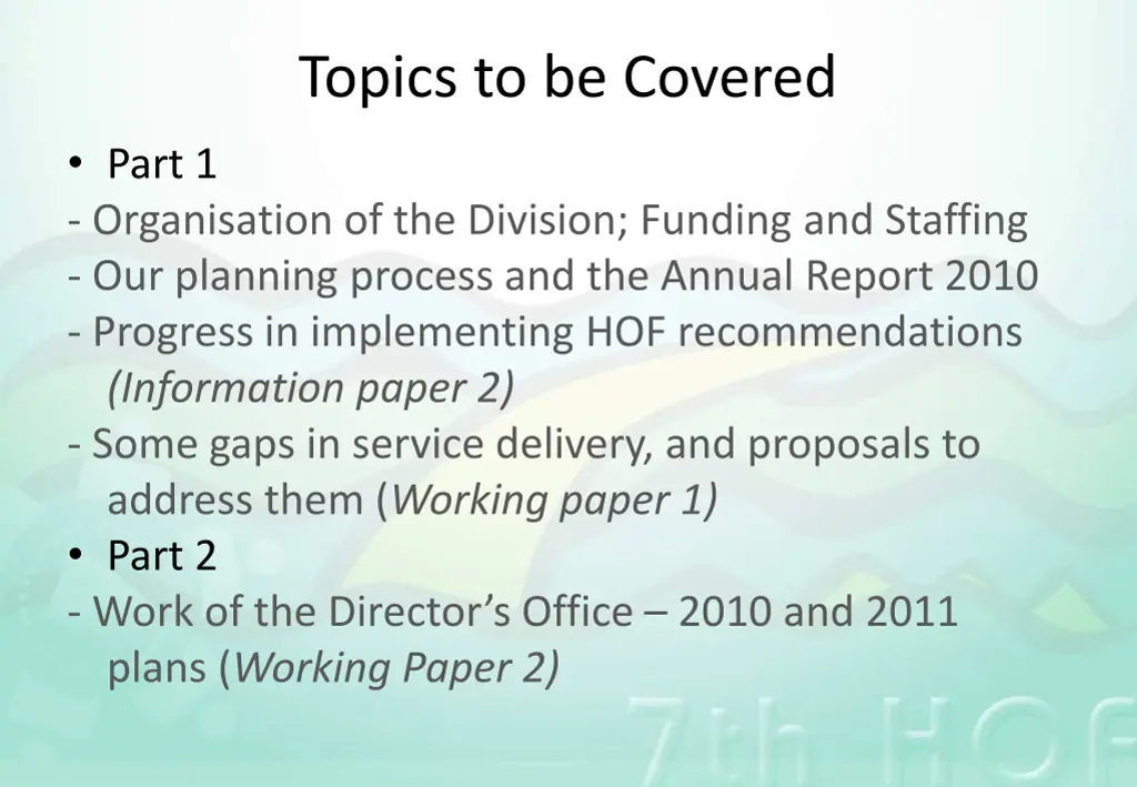 topics to be covered